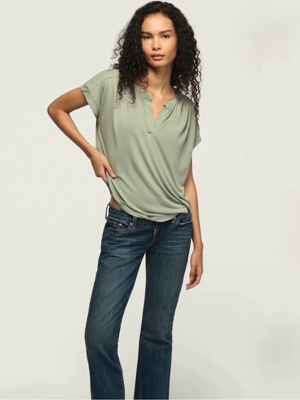 Lucky Brand Sandwash Notch Neck Dolman Tee Chinois Green Size XS